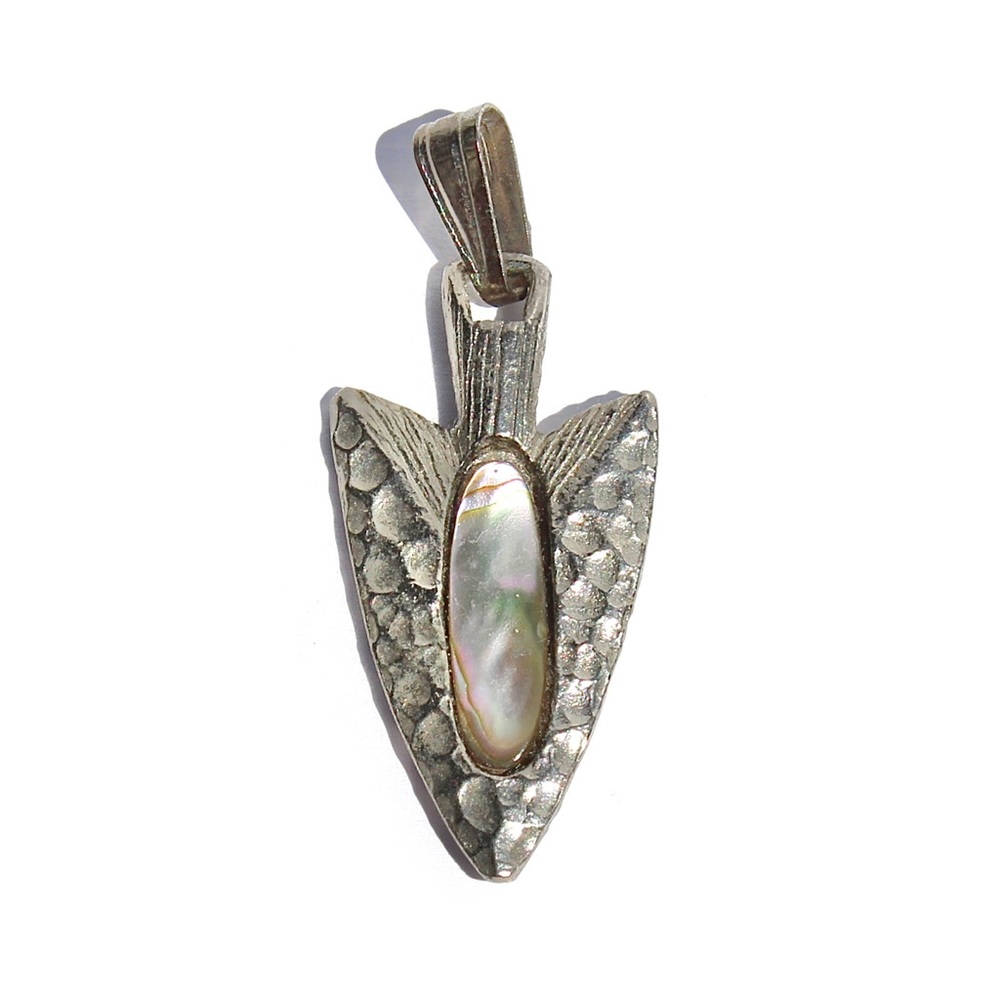 Vintage Arrowhead Pendant Abalone Shell Inlay Silver Tone Hammered Texture